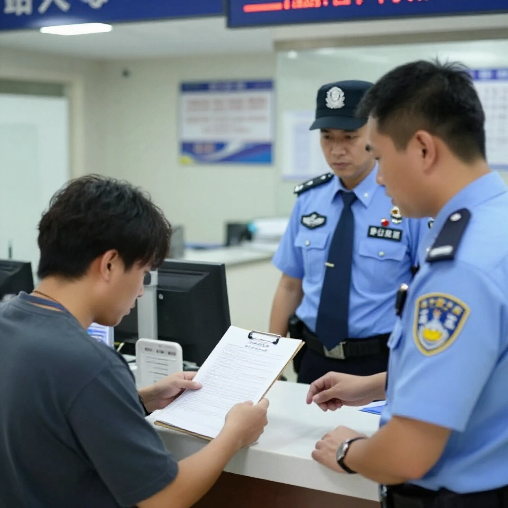 擔心的民眾在台灣警局櫃檯拿著證據夾,向員警說明線上賭博詐騙案