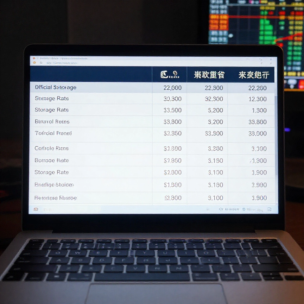 筆電上比較官方儲值與幣商買賣比例表格，在燈光昏暗的交易室背景有走勢圖
