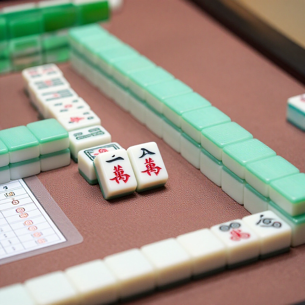 Close up of mahjong tiles arranged in door clear formation with self touch winning tile highlighted adding up to three points on scoring chart beside deck