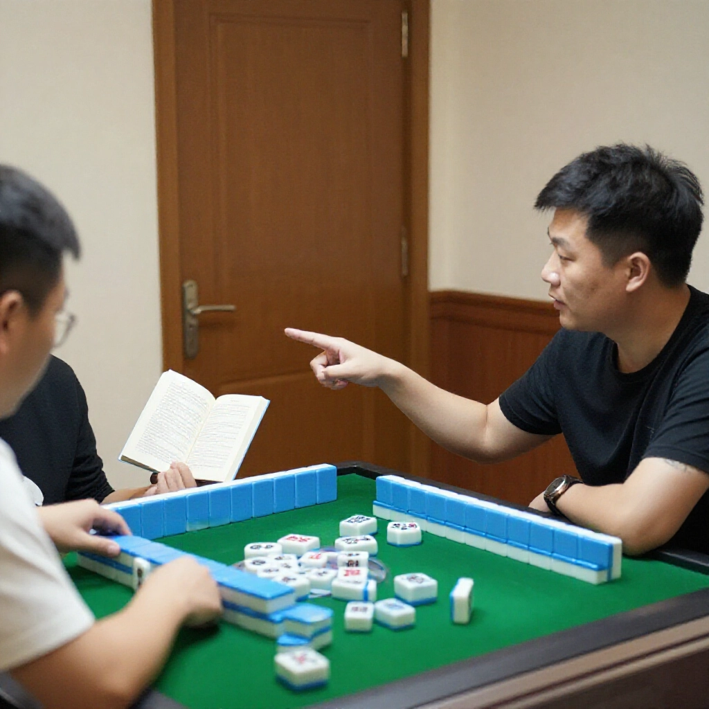Two players debating at mahjong table one pointing to rules book explaining door clear versus no beg person difference in tense game atmosphere with scattered tiles