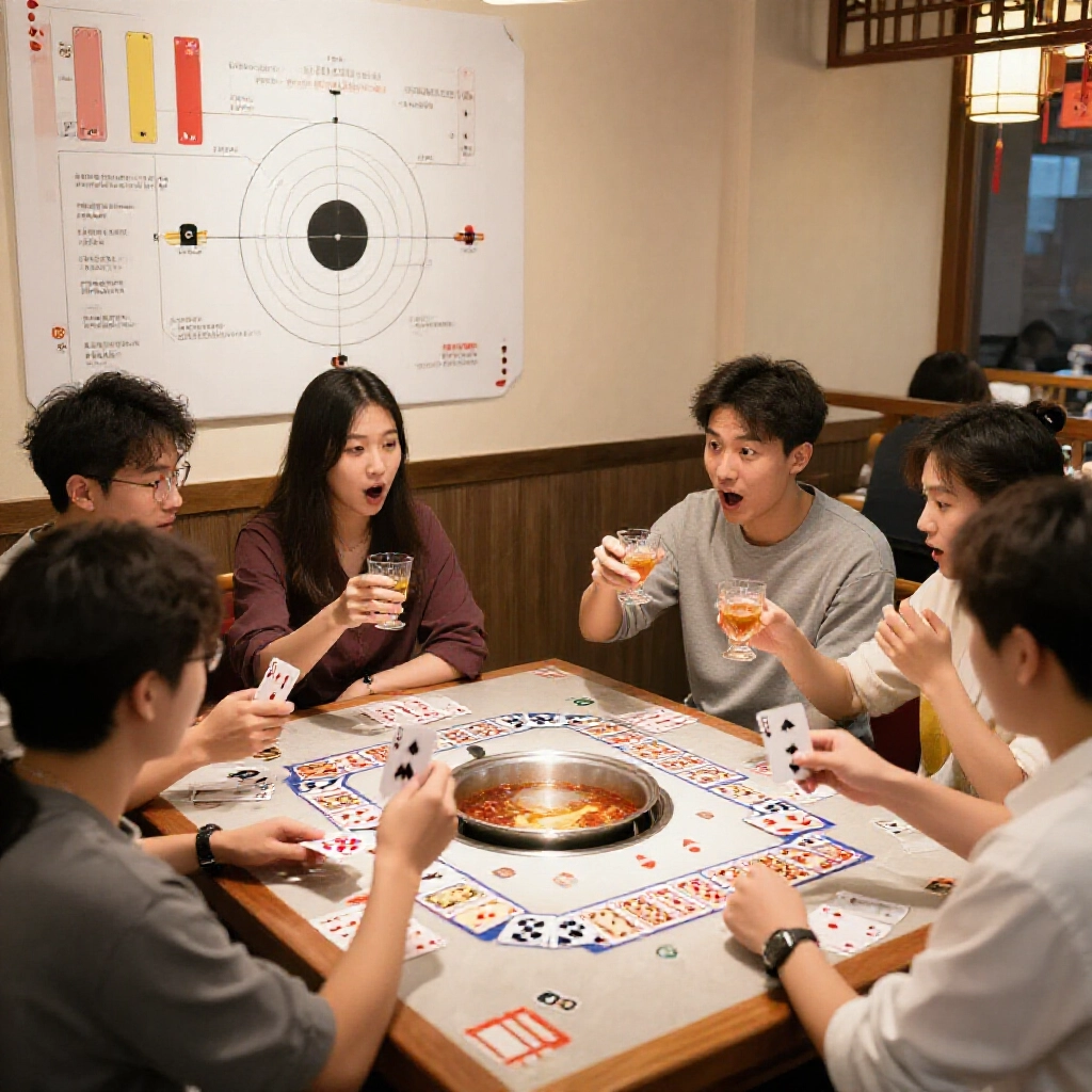 熱炒店年輕人玩1-13撲克喝酒遊戲,抽牌罰酒驚喜表情,規則表旁舉杯乾杯