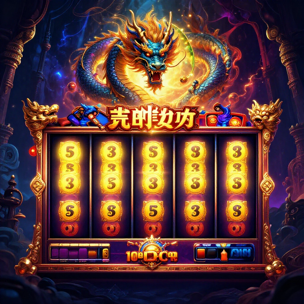 魔龍傳奇老虎機介面,霓虹燈光環繞累積獎池,古龍盤旋轉盤上方,暗黑氛圍中充滿神秘感