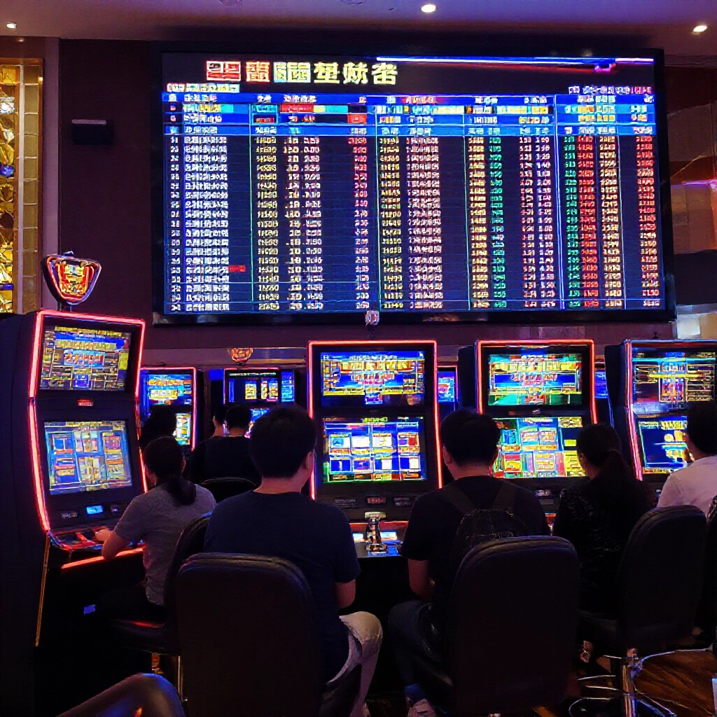 星城大廳介面顯示機台數據與歷史紀錄，玩家忙碌挑選台號