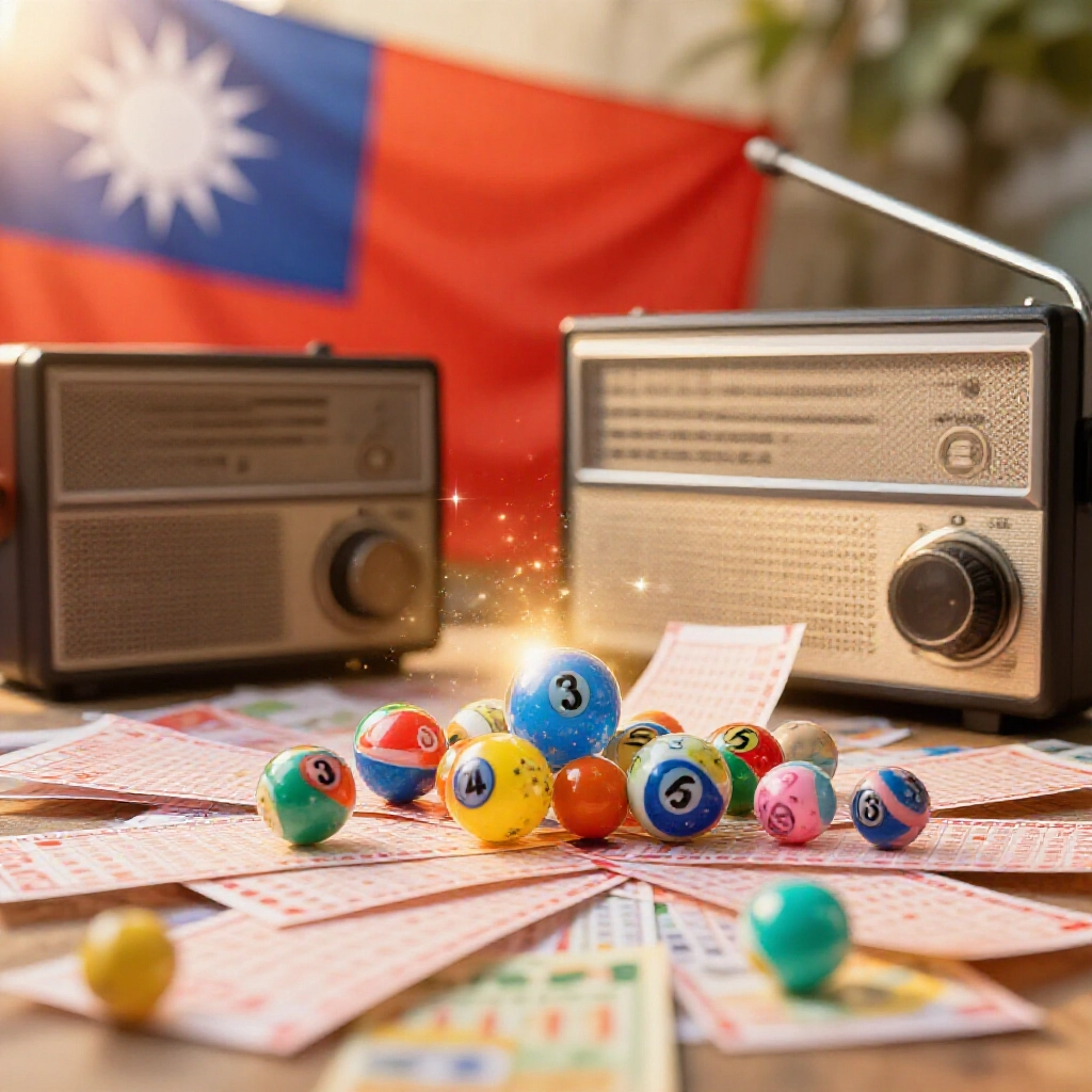 Vibrant scene of Vietnamese lottery tickets and radio broadcast setup in Hanoi with colorful number balls emerging under golden hour lighting and subtle Taiwan flag in background