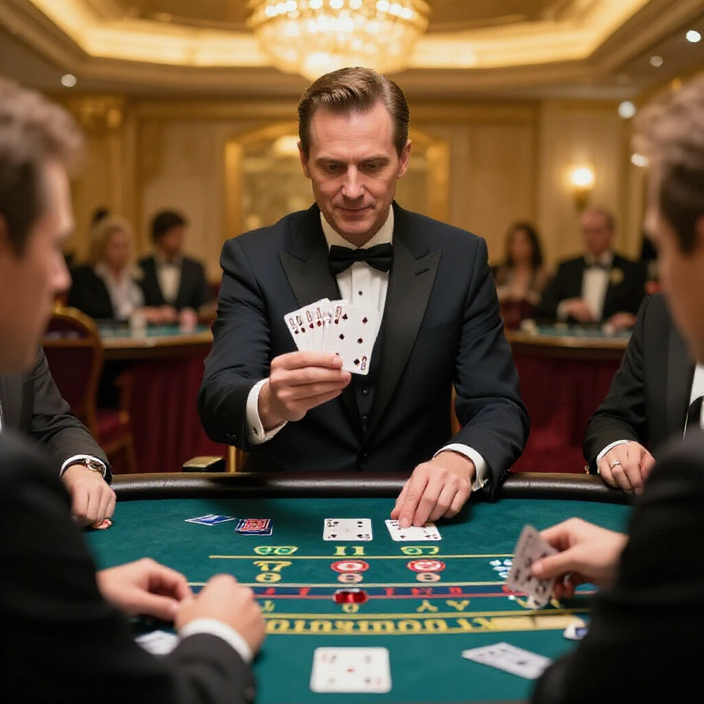 Intense baccarat scene banker holding three points peeking at players third card an eight watching closely for decision in opulent casino atmosphere golden hues