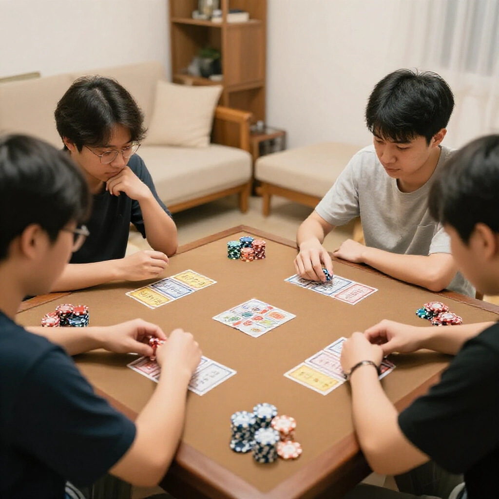 台灣南部玩家在家裡算天九牌分數,么五組合加倍籌碼堆疊,緊張墊牌策略