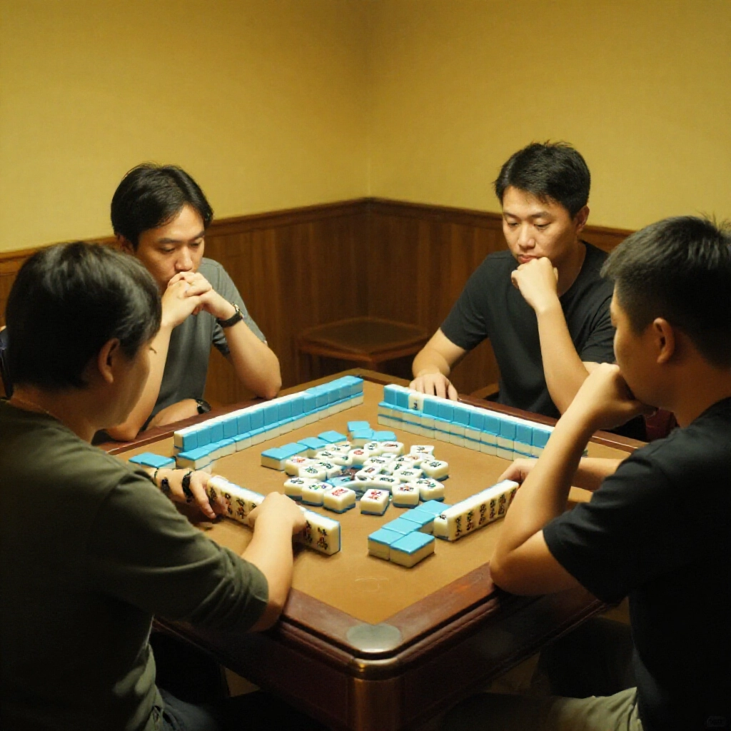 台灣麻將桌前四人圍坐,一玩家聽牌忽略可胡牌進入過水,緊張氣氛下昏黃燈光照著散亂牌子,大家表情凝重