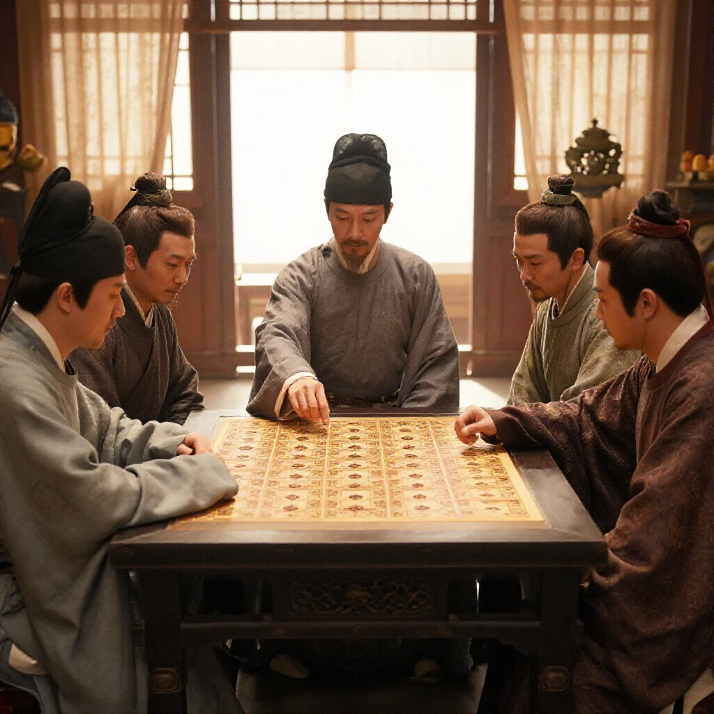 古中國牌九場景，從宋代演變，學者武士圍桌比牌，傳統氛圍中透出策略與階級