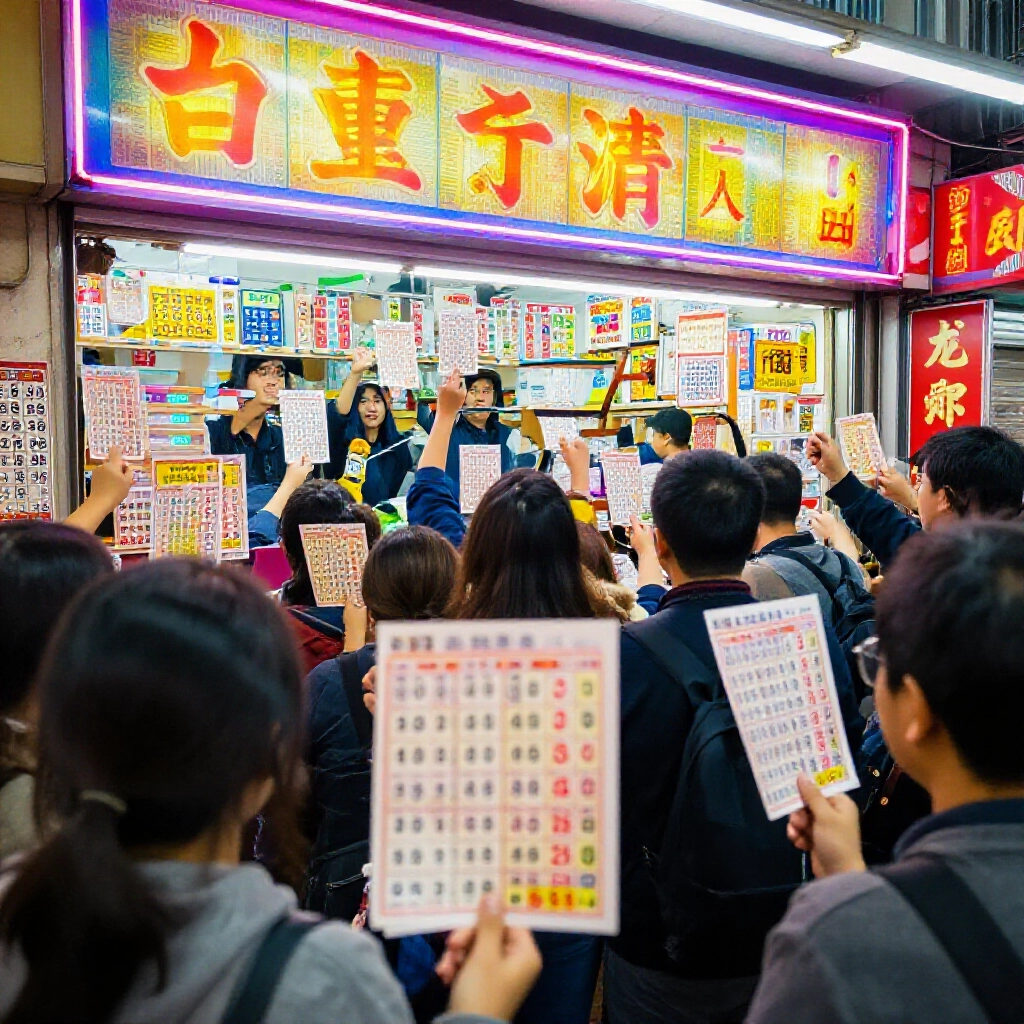 台灣彩券行熱鬧場面,玩家在霓虹燈光下挑大樂透與威力彩號碼,周圍人潮興奮湧動