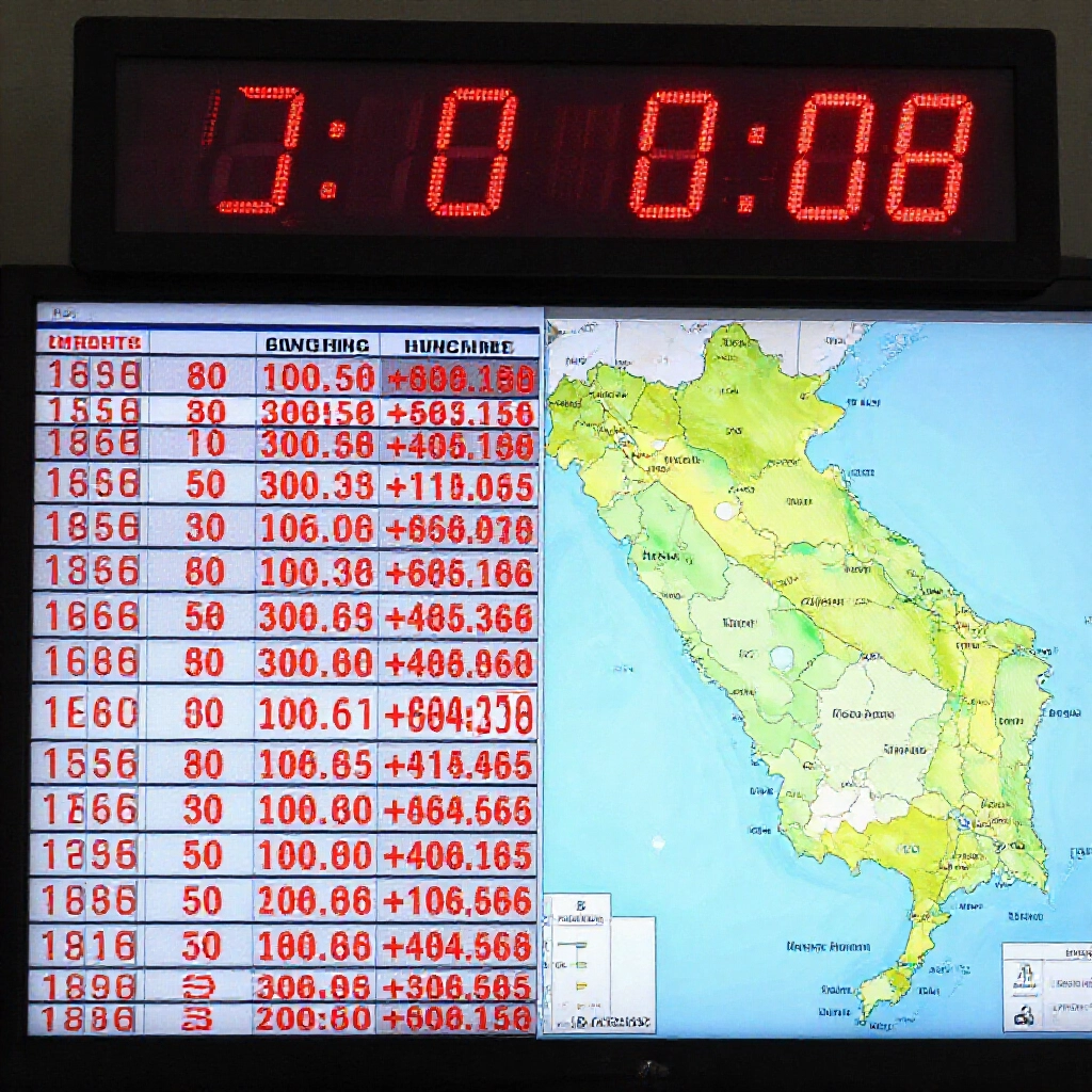 Digital clock displaying Taiwan evening time seven pm with live lottery numbers scrolling on screen from northern Vietnam official draw and maps of regions highlighted softly