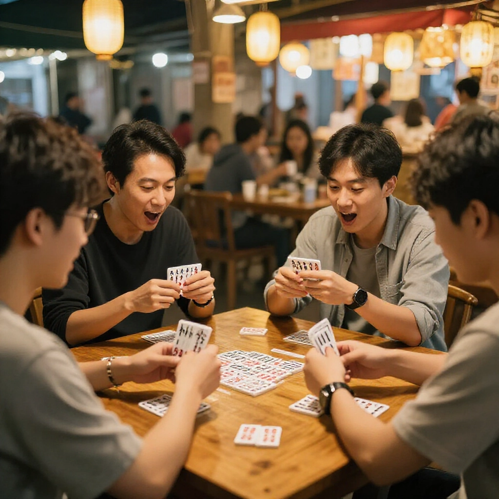 四位台灣朋友在熱鬧夜市木桌邊玩天九牌,32張骨牌紅白點在燈籠暖光下,臉上滿是興奮