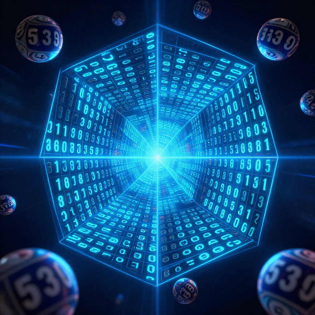 digital matrix of glowing numbers rotating in a geometric pattern on a dark lottery themed background with blue neon lights and floating 539 balls