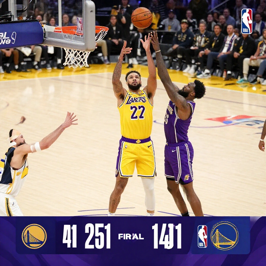 NBA球場上湖人隊大勝勇士,強調分差拉大與總分高的夜間動態賽況