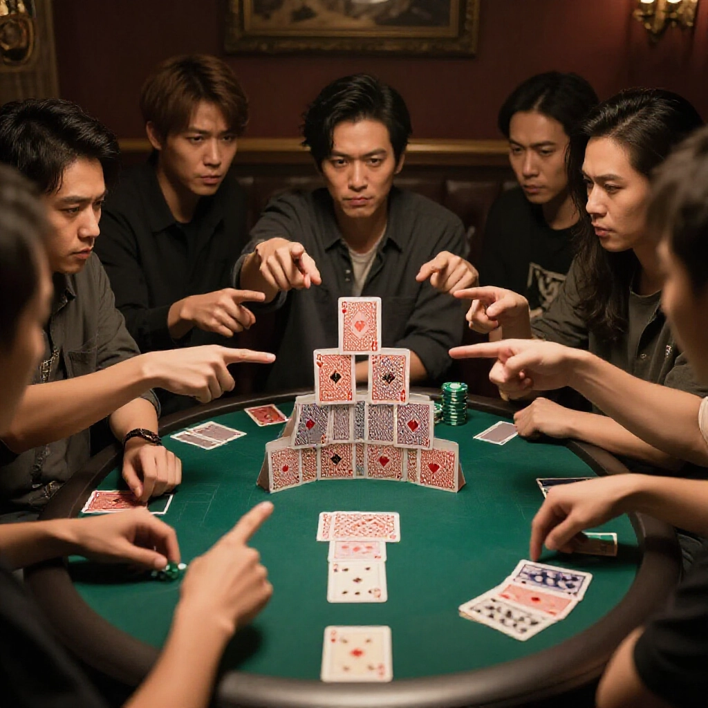 台灣酒吧撲克牌金字塔遊戲,玩家緊張唬人互指,昏黃燈光下專注表情