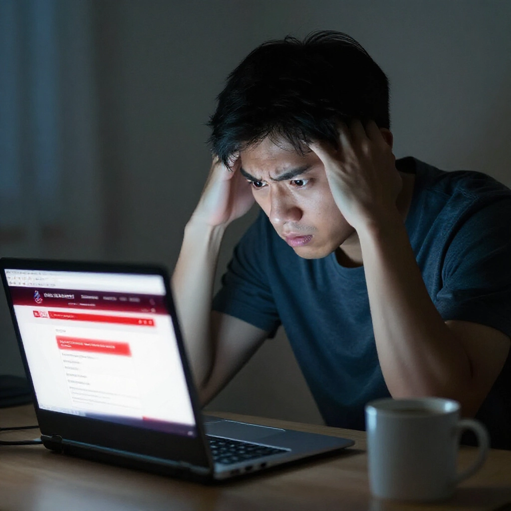 frustrated young man staring at laptop screen showing red withdrawal error on Taiwan sports lottery site anxious expression dim room lighting coffee mug nearby