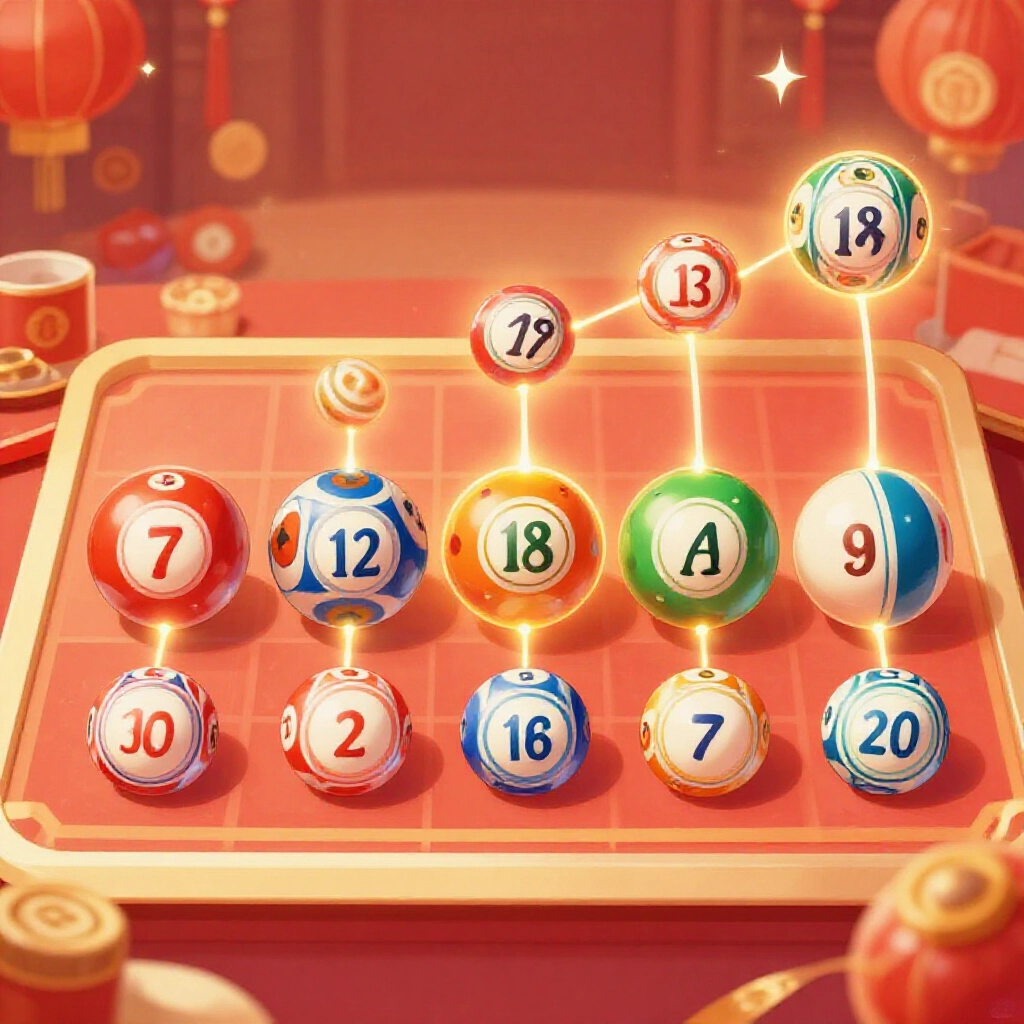 Vibrant illustration of five sorted lottery balls in ascending order with glowing threads linking units digits of neighbors to form four new two digit tai hao codes on a festive Taiwanese betting table