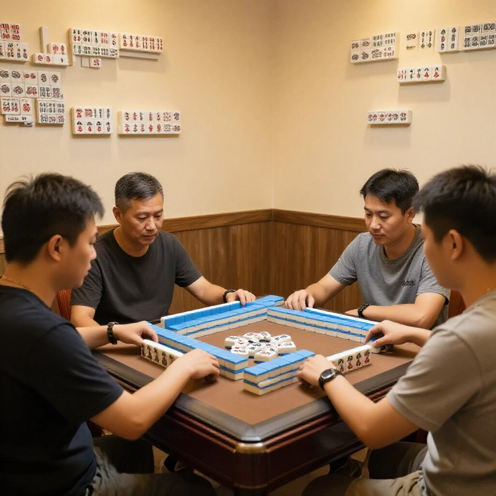 三位亞洲玩家在台灣風格溫馨客廳的麻將桌前,牌牆留八墩未動,暖光聚焦保留牌堆與玩家手牌