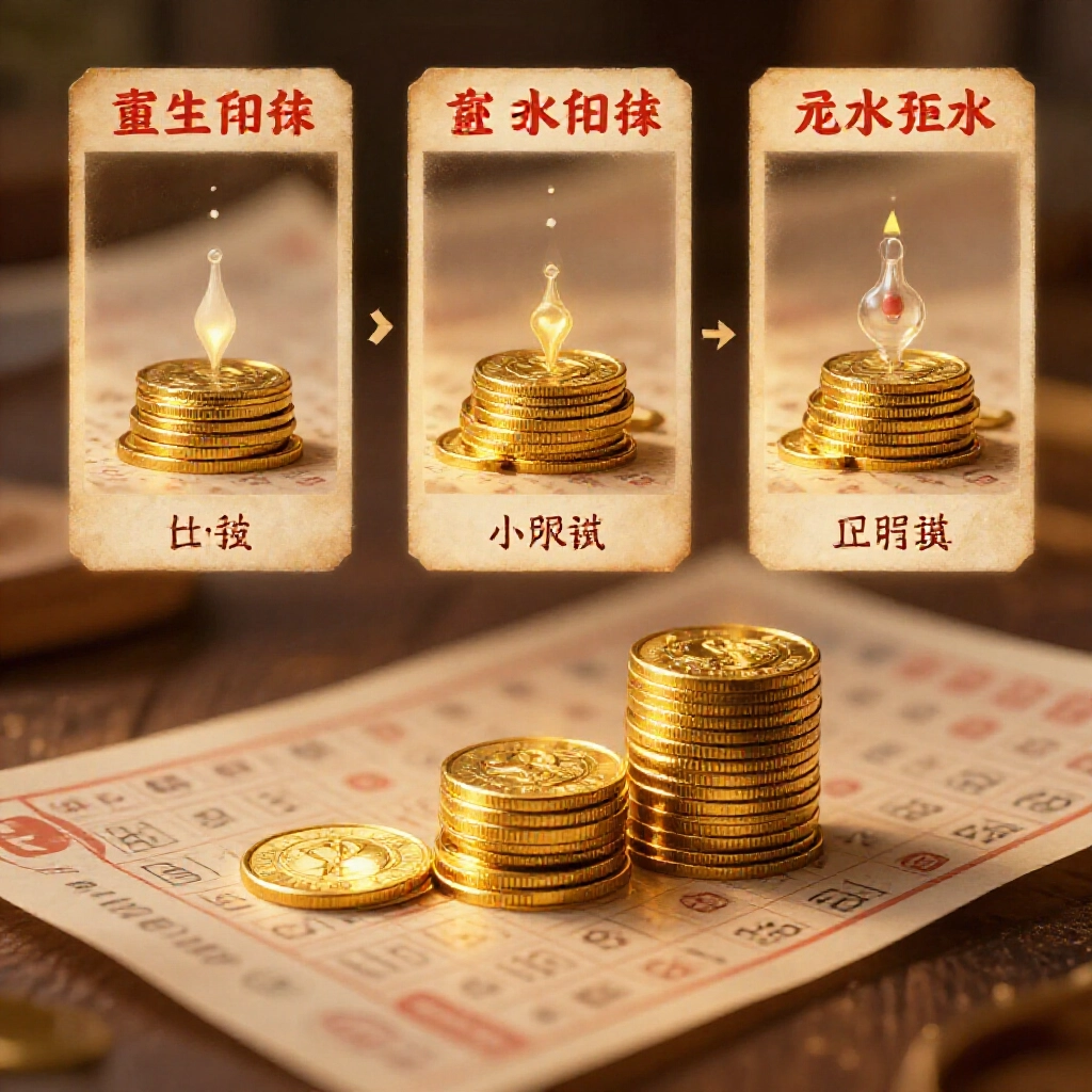 Step by step infographic depicting bet principal deduction of water money multiplied by odds yielding stacked gold coins on a traditional lottery slip in warm ambient glow