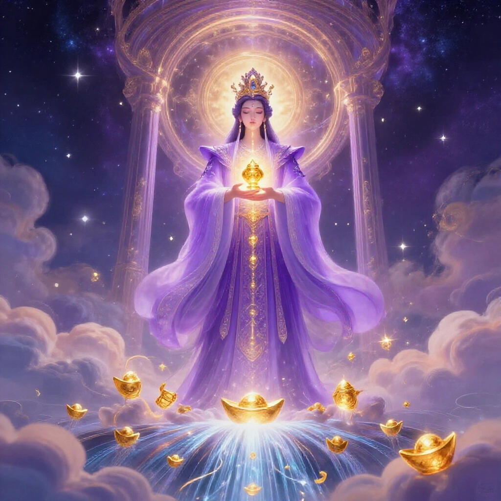 天界紫微大帝從星空穹頂灑金福，財富符流向未來溪流，祥雲環繞