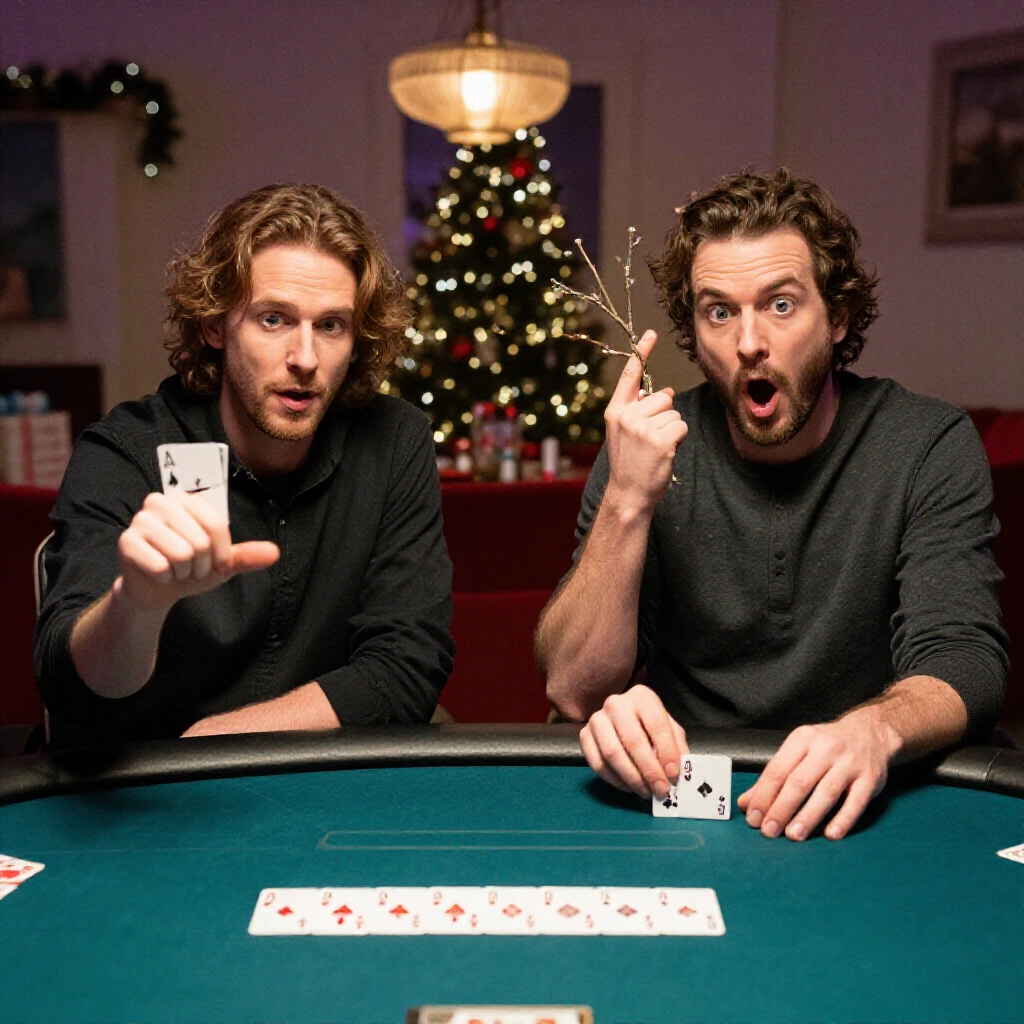 Two opponents at card table one displays four of a kind twos iron branch shocked face other unveils straight dragon hand dim living room new year celebration vibe