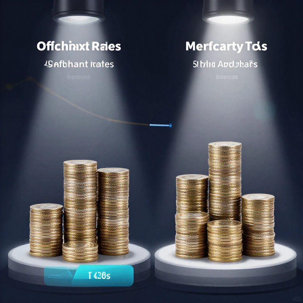 side by side comparison of coin piles from official and merchant rates showing taller stacks for third party deals under bright spotlights in a sleek infographic financial interface