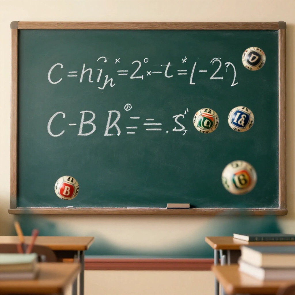 黑板上寫著 C(39,5) 組合公式,旁邊有階乘計算和漂浮的樂透球,書房燈光溫暖
