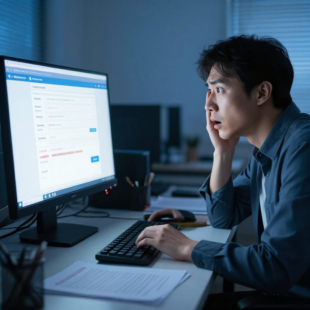 黃昏辦公室內,一人震驚盯著電腦畫面,顯示銀行轉帳細節與詐騙警示,桌上文件散亂,藍光昏暗