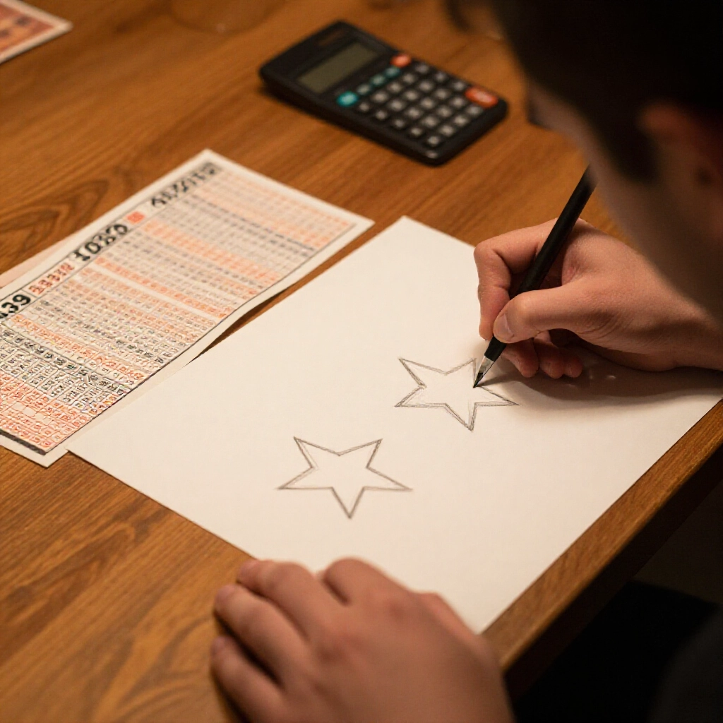 Player at wooden table sketching two star three star combinations on paper next to 539 style tickets payout charts and calculator in warm dimly lit room atmosphere