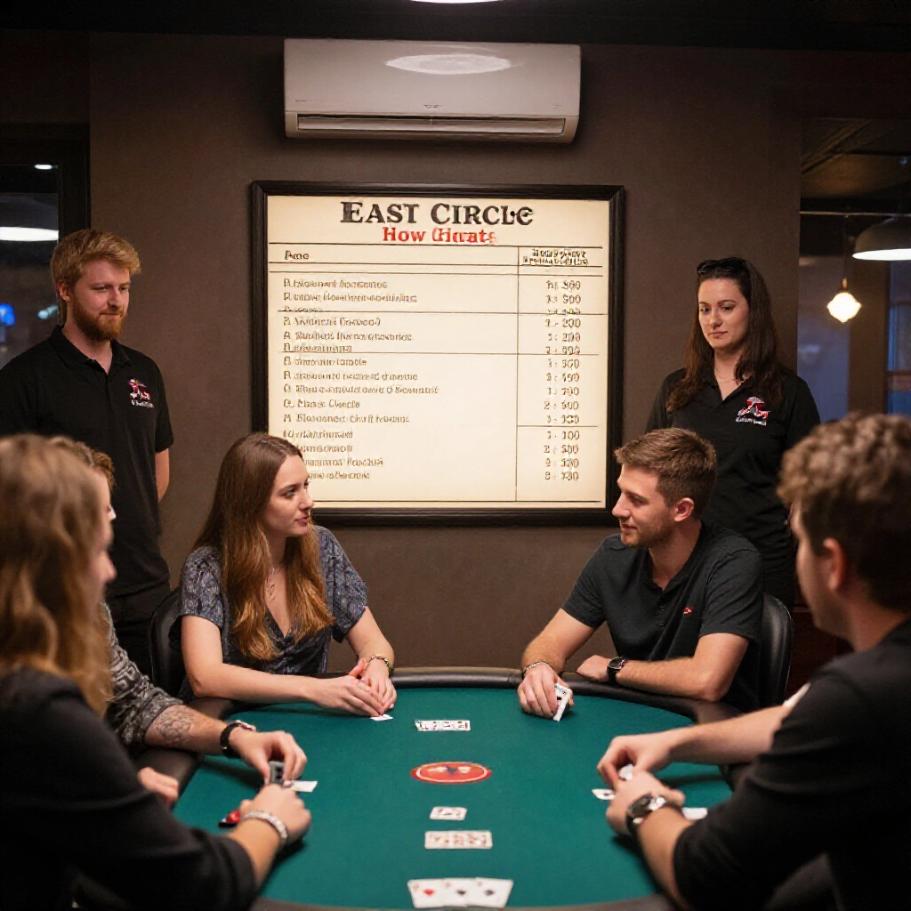 Group of friends in poker club discussing fee board showing east circle pricing hourly packages cozy atmosphere with air conditioning and staff attending