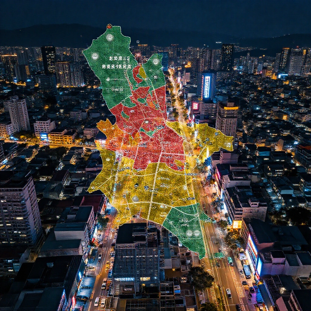 台中街道疊加歷史地圖，標示大湖幫、十五神虎與西路勢力範圍，夜間霓虹營造權力平衡氛圍