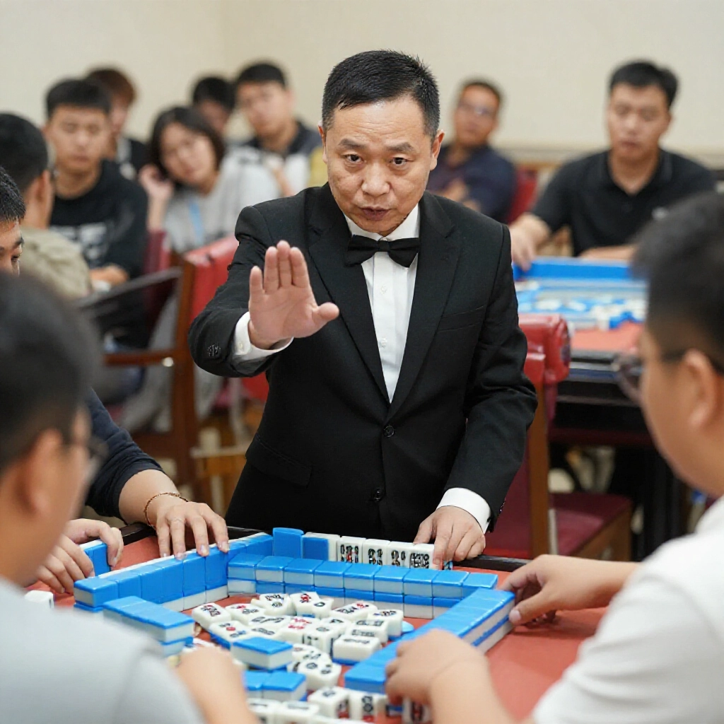 麻將裁判嚴肅制止玩家碰牌，解釋規則給困惑新手，周圍牌亂桌氣氛緊張