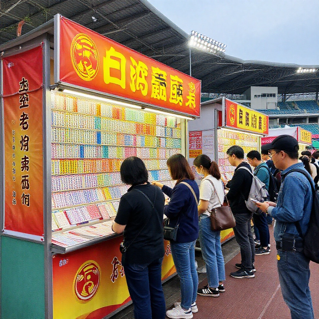 Vibrant Taiwanese sports lottery ticket booth with diverse customers buying tickets under official government banners and stadium lights in bustling street atmosphere