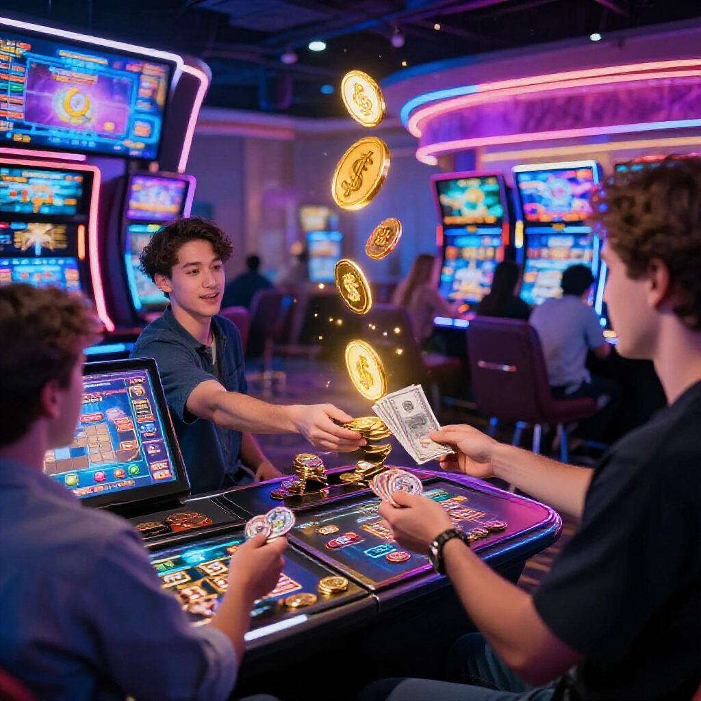 players exchanging virtual game coins for cash with third party merchants via in game gift functions in a neon lit online casino lobby filled with glowing screens and floating currency symbols