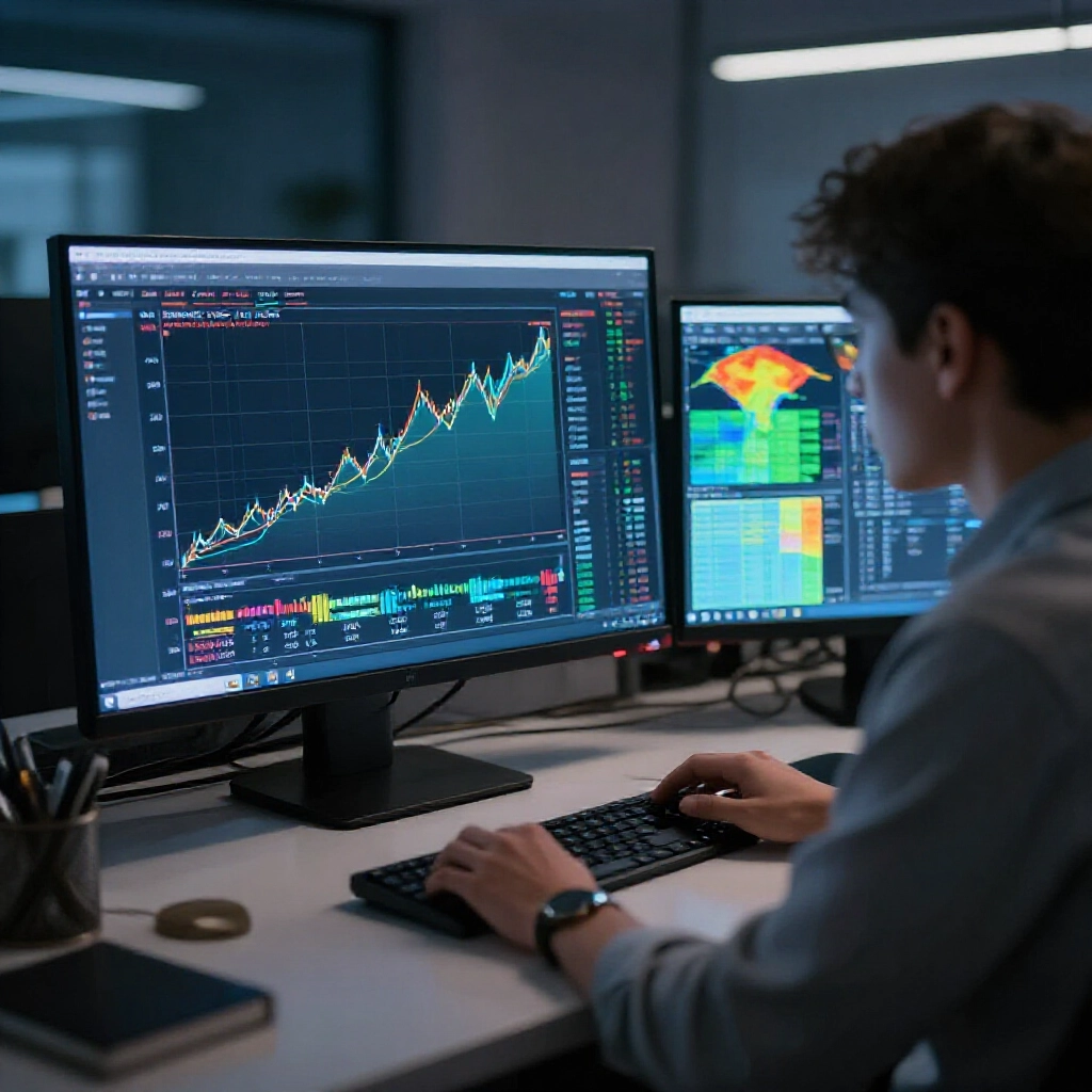 analyst at computer screen performing backtesting on historical lottery data graphs with rising trend lines and heat maps in a dimly lit modern office at night