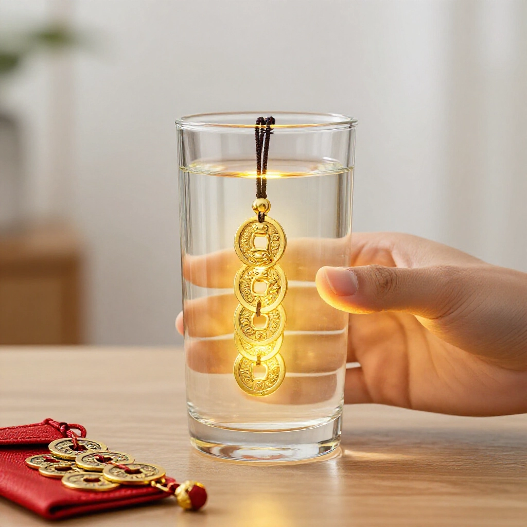 家壇北位擺水杯，錢包內貔貅五帝錢，生肖蛇猴龍金光閃耀，象徵旺盛偏財運
