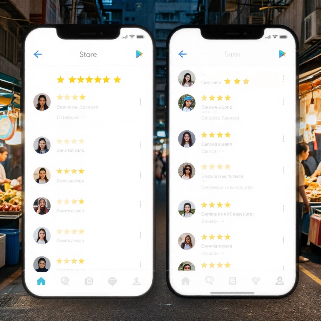 Google Play商店頁面顯示兩極評論，五星與一星用戶頭像熱議出金可靠性，背景為台灣夜市街景