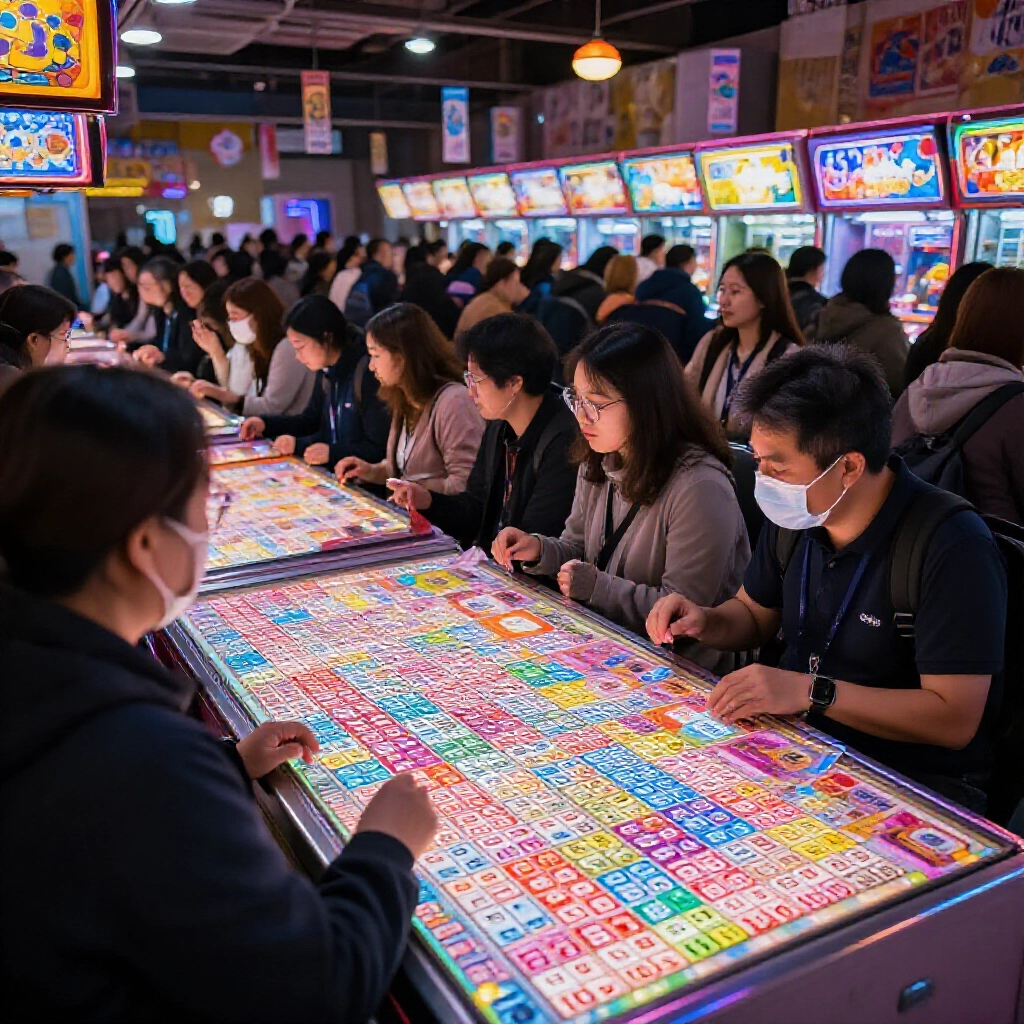 熱鬧的台灣四星彩攤位,玩家挑選0000到9999的號碼,周圍燈光閃爍、彩券散落,人群興奮圍觀