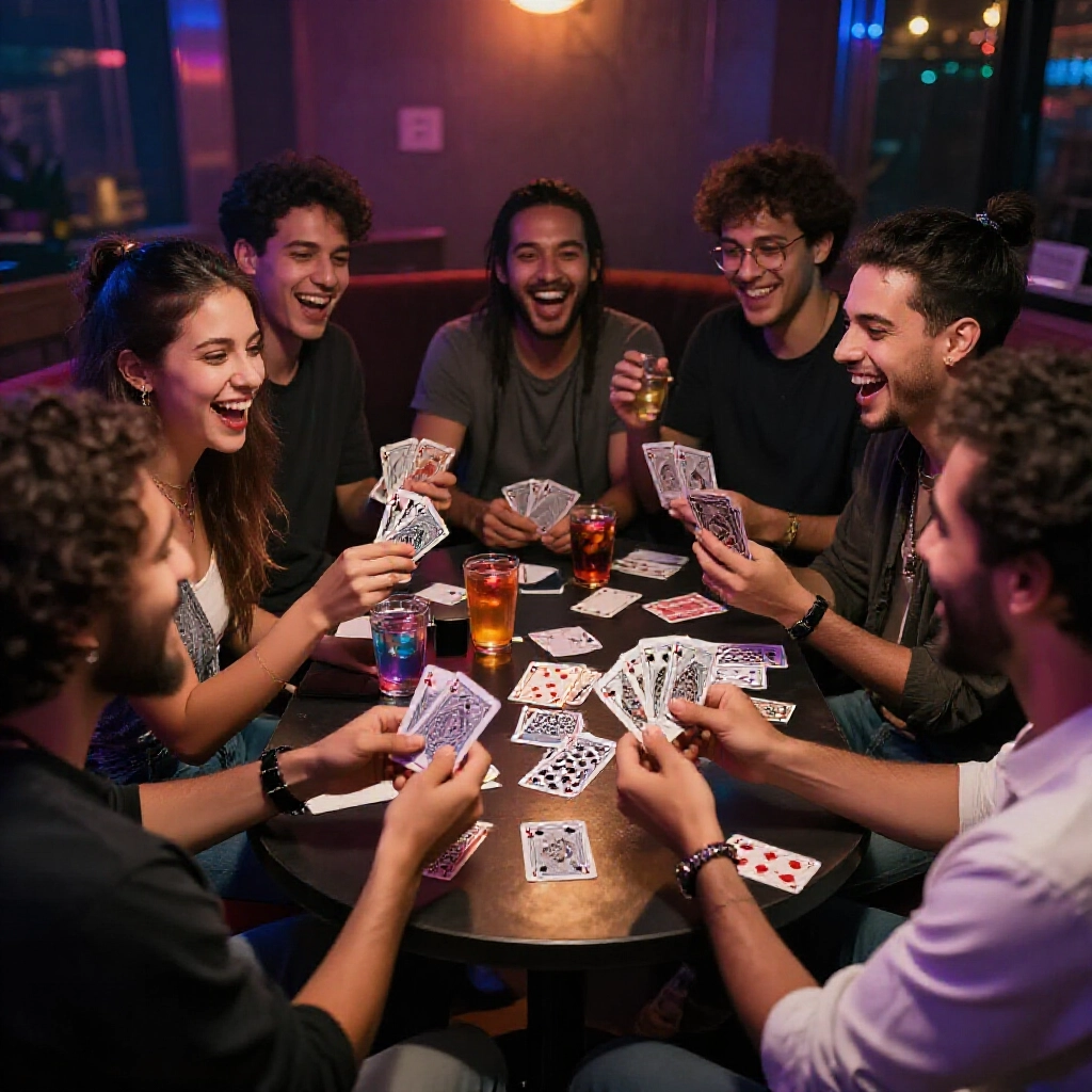 朋友們圍小桌在派對室笑鬧翻撲克牌、啜飲料，彩燈閃爍滿臉興奮