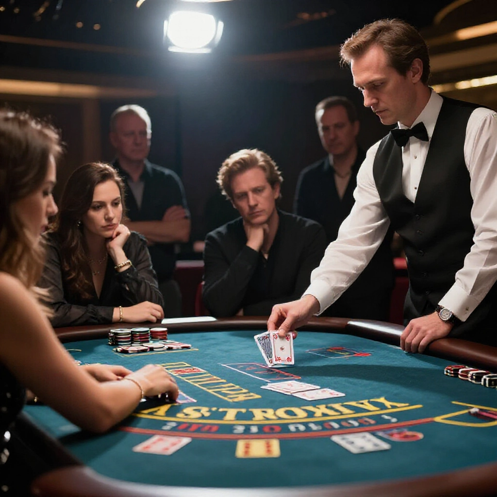 Luxurious casino baccarat table with dealer revealing two cards to player side showing low total points under dramatic spotlight lighting tense observers leaning forward