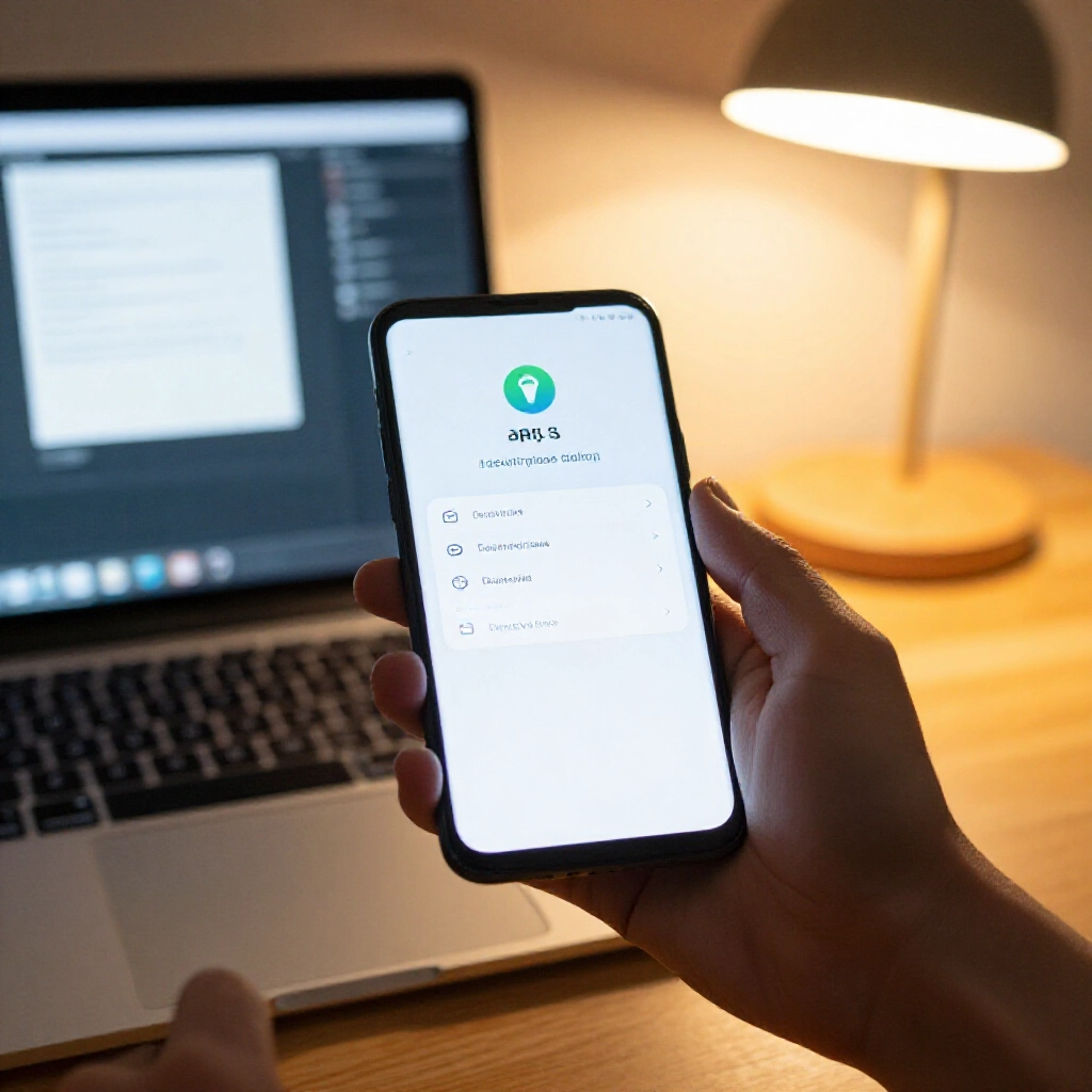使用者手持Android手機顯示APK安裝畫面，安全設定選單開啟，旁邊電腦模擬器視窗與檯燈照明