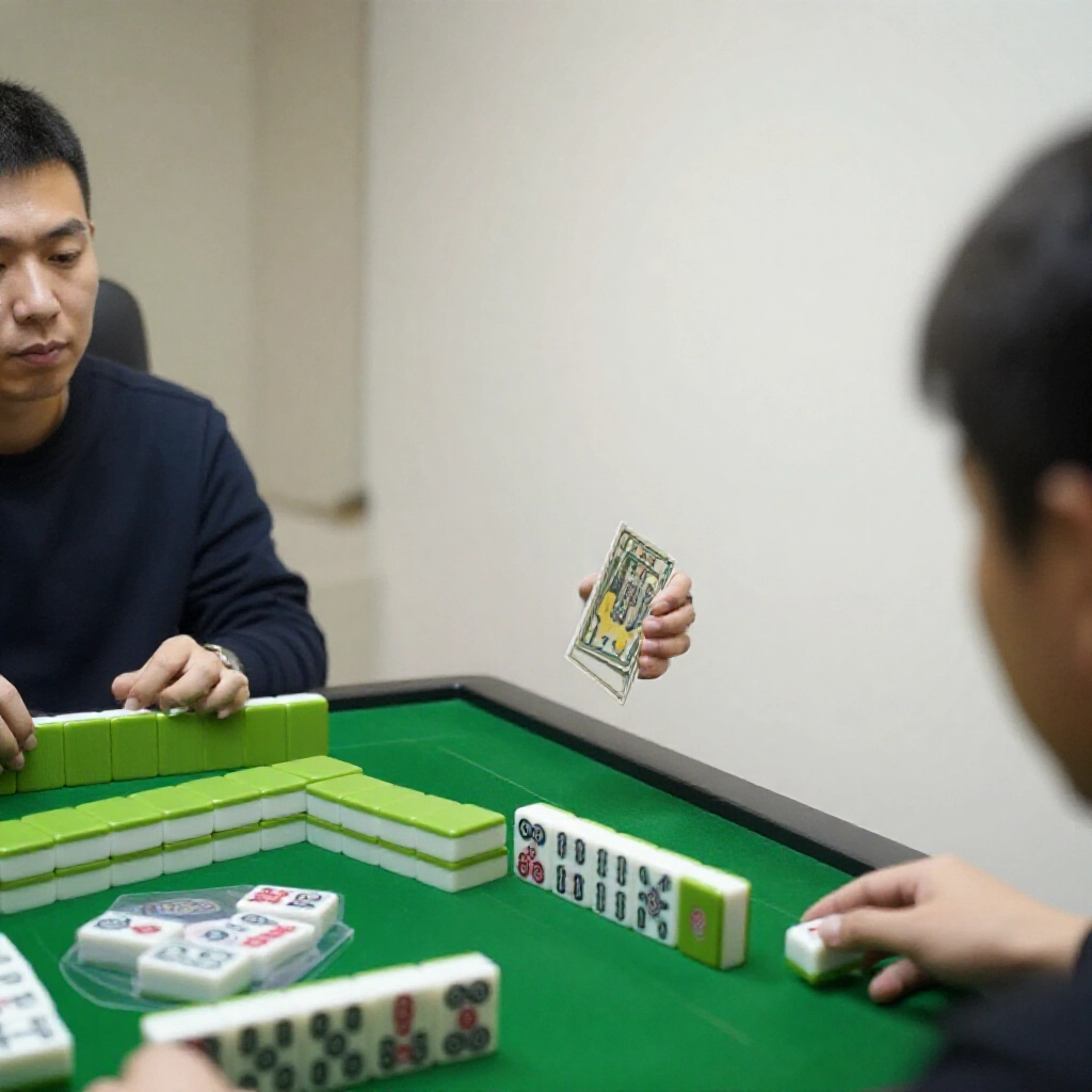 玩家從牌牆摸牌後捨出安全非胡牌解除過水,其他人緊盯綠呢桌面上的竹牌與榮牌,專注捨牌瞬間臉上鬆一口氣