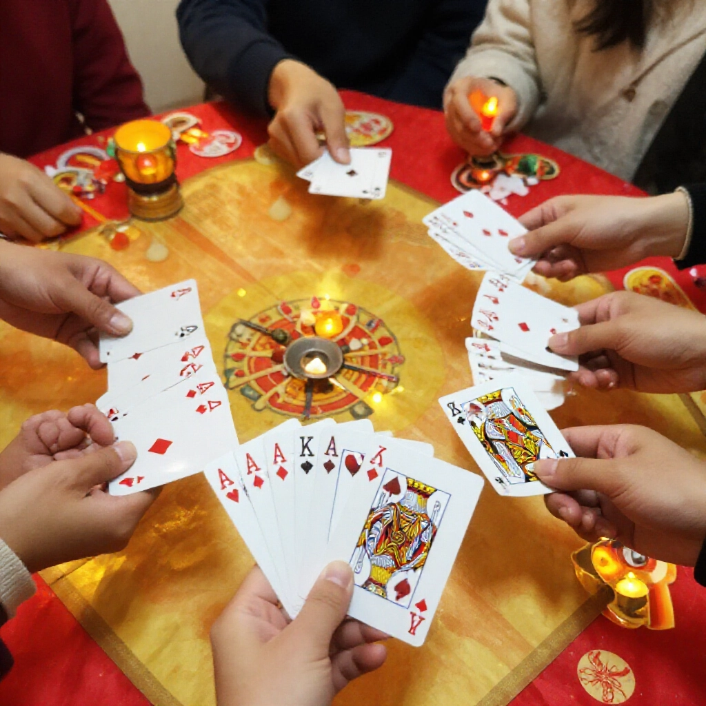 Players hand revealing thirteen sequential poker cards from Ace to King mixed suits on festive Taiwanese game table warm lantern lighting excited family gathering atmosphere