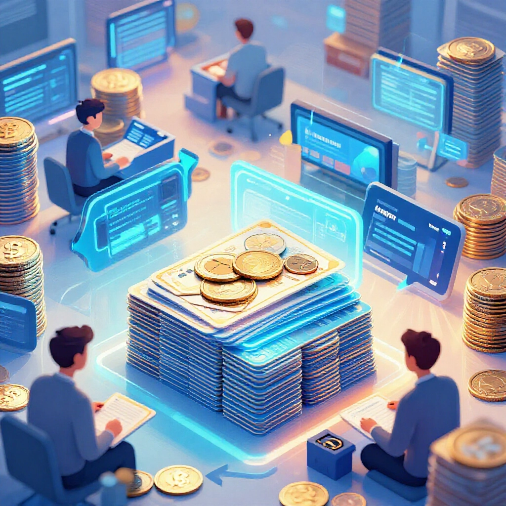 coin merchants stockpiling discounted point cards to bypass platform fees creating a fluid economy in bustling virtual marketplace with stacks of digital assets and transaction arrows