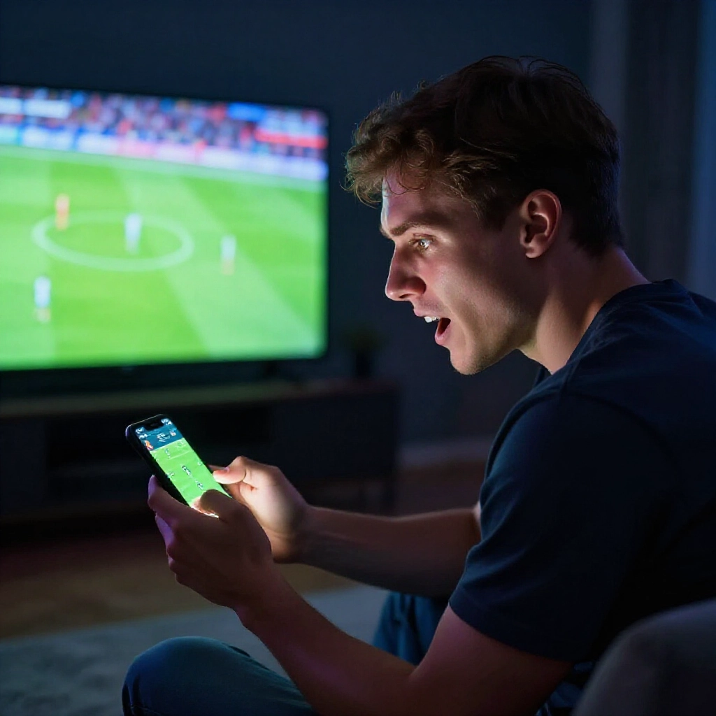 excited young man at night betting on european soccer match via mobile app while watching tv intense game atmosphere glowing screens dark room dynamic energy