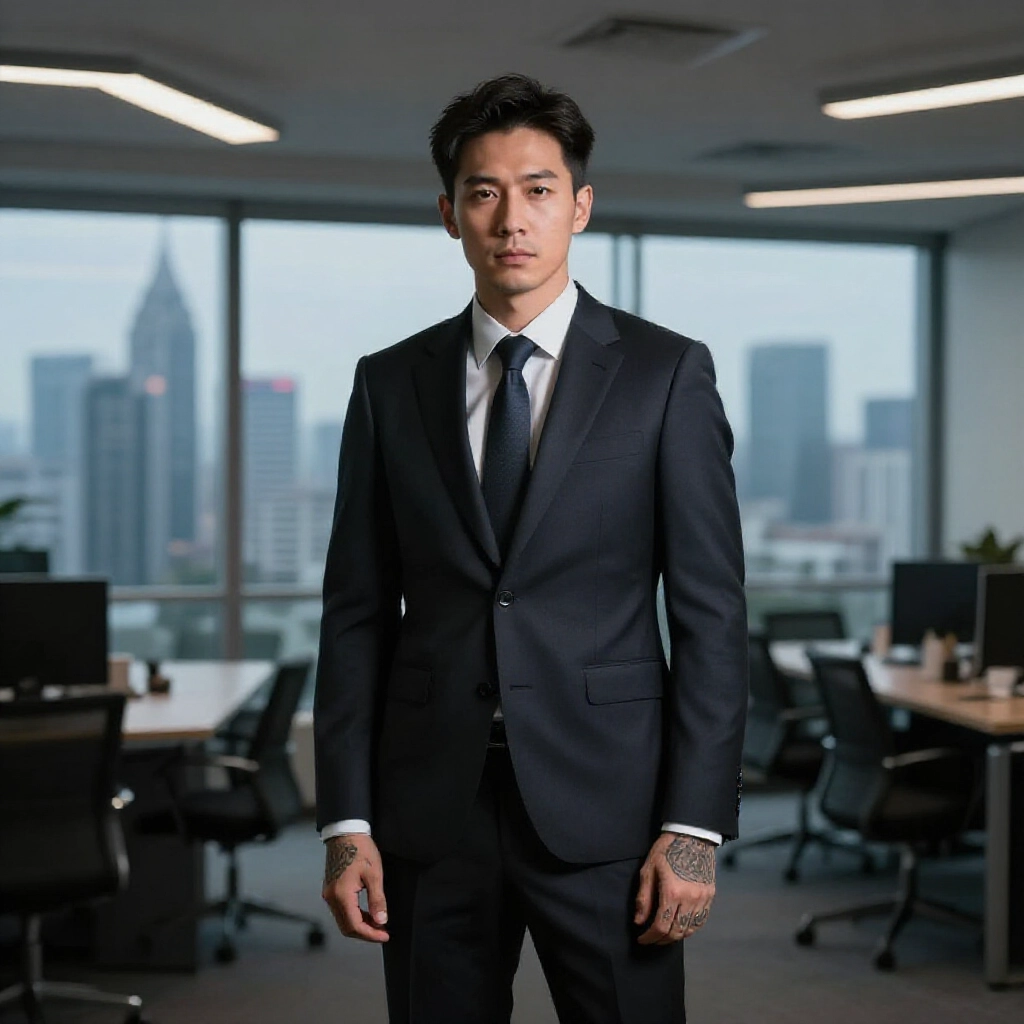 專業西裝男子自信站立在台中現代辦公室，手上有細微傳統刺青，背景是城市天際線與昏黃燈光