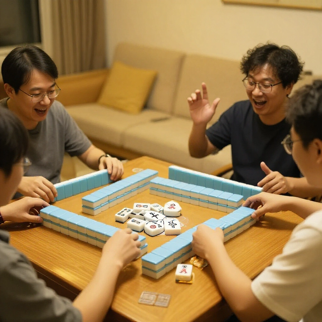 Taiwanese mahjong players at a wooden table excitedly showing clear door hand with self drawn winning tile under soft yellow lighting in cozy living room