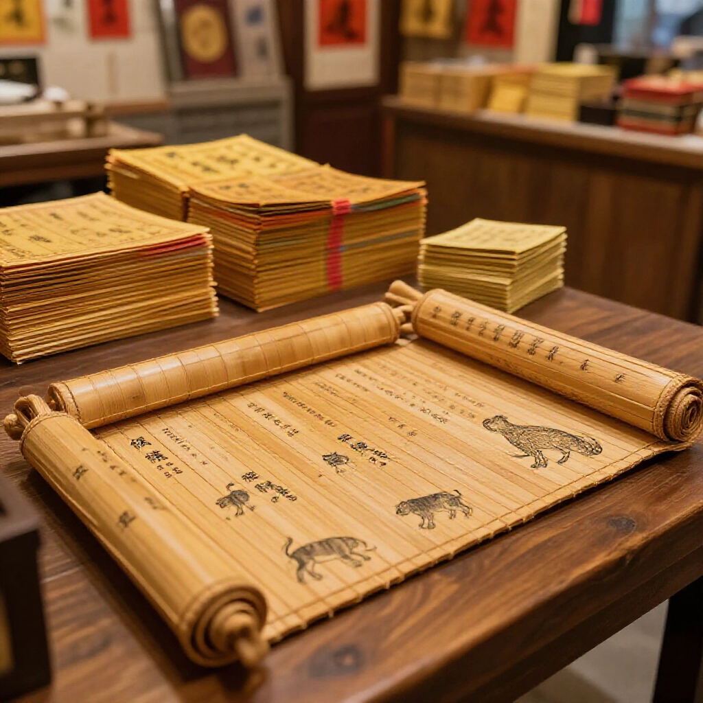 古竹簡攤木桌上秀生肖動物與萬貫債數，旁邊彩金紙捆，台灣小店溫馨燈光