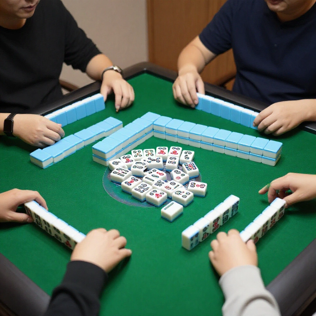 Taiwanese mahjong players at green table discussing tile efficiency concepts with 16 tile hands spread out under soft ambient lighting showing probability calculations