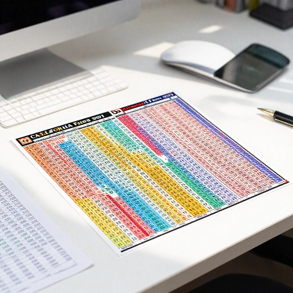 vibrant digital lottery ticket archive showing colorful number grids from California Fantasy 5 draws in 2026 on a sleek desk with soft morning light illuminating statistical charts