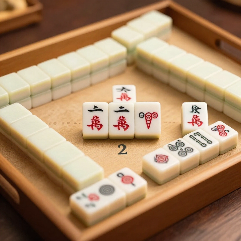 麻將手牌圖解,面子三組加對子,展示3n+2等待原則,木盤背景柔和燈光,教育感十足卻逼真